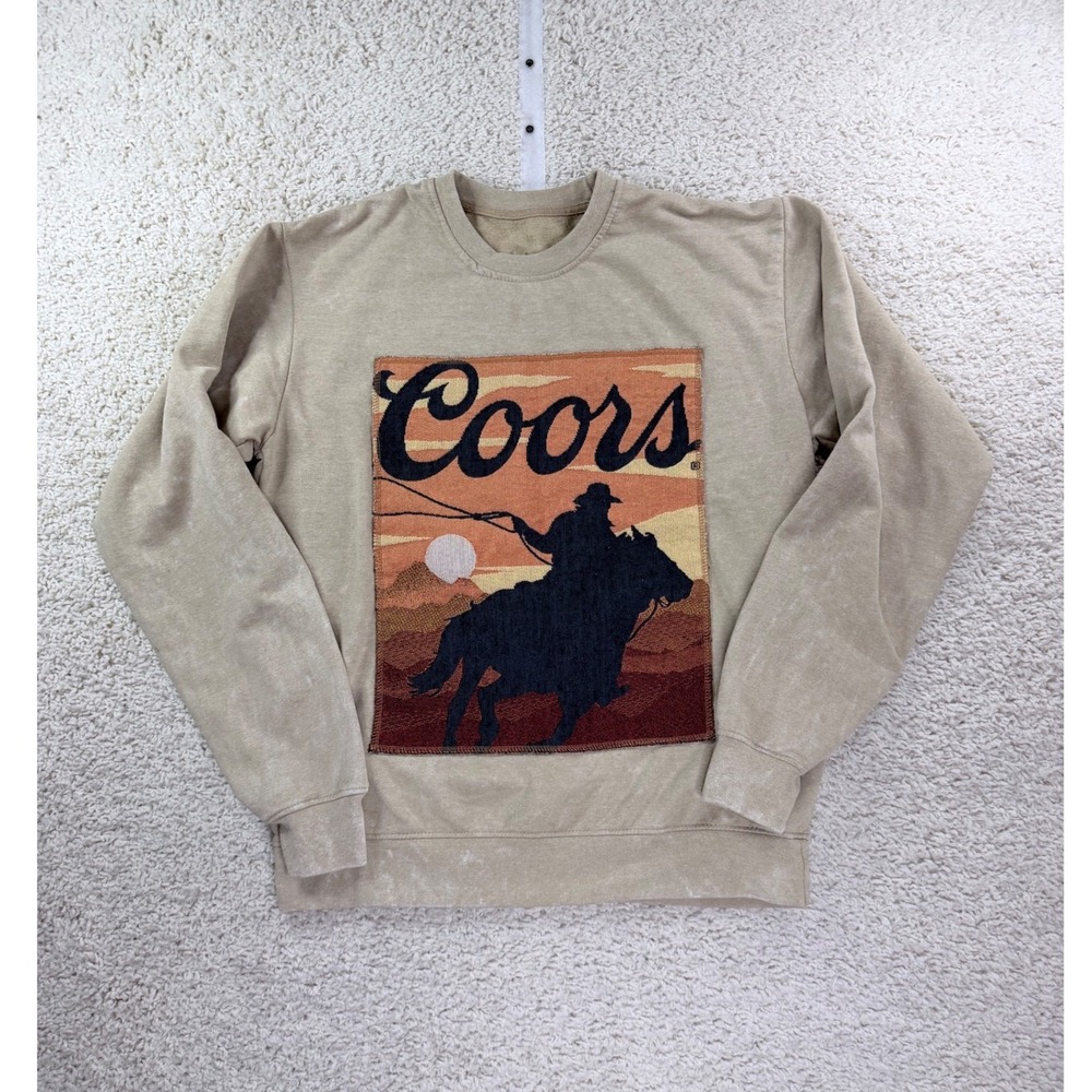Coors Sweatshirt Mens Medium Tan Embroidered Patch Cowboy Western Graphic Crew